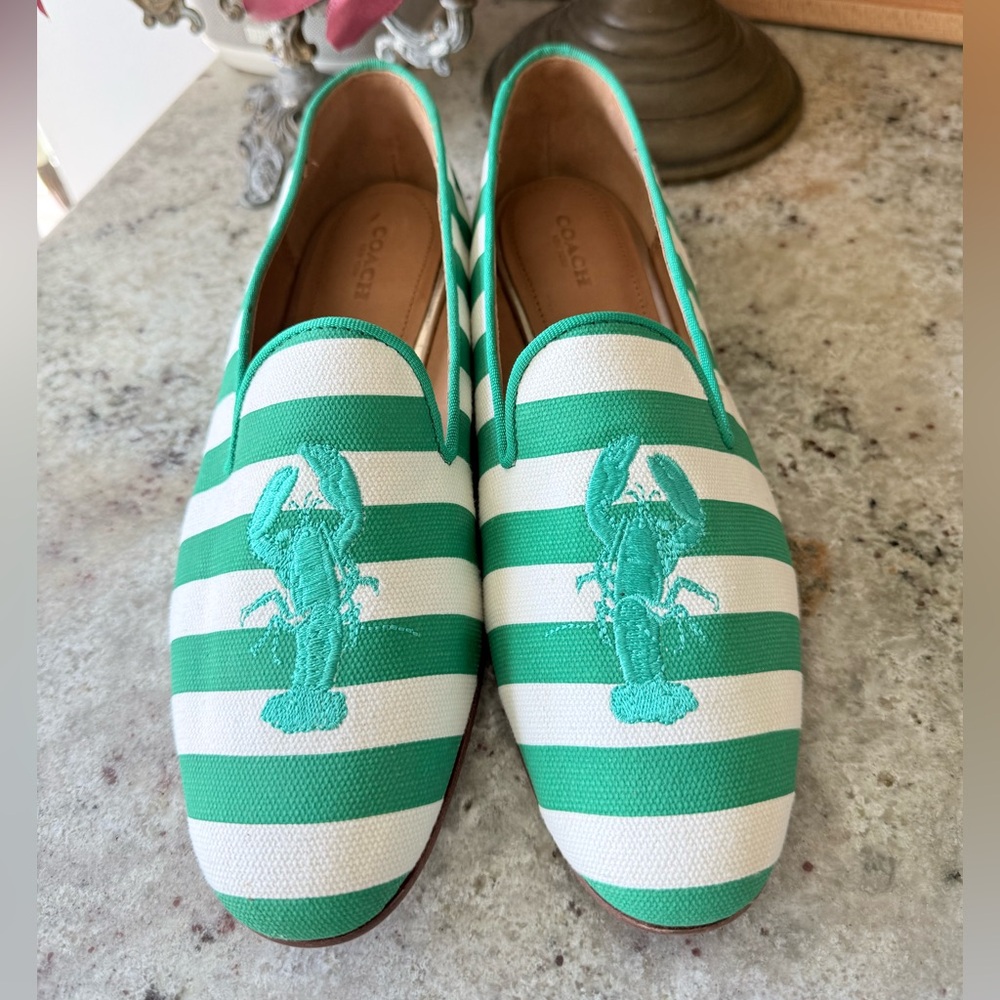 Coach Lobster Stripe Loafers Size 10B | Green White Preppy Coastal Flats